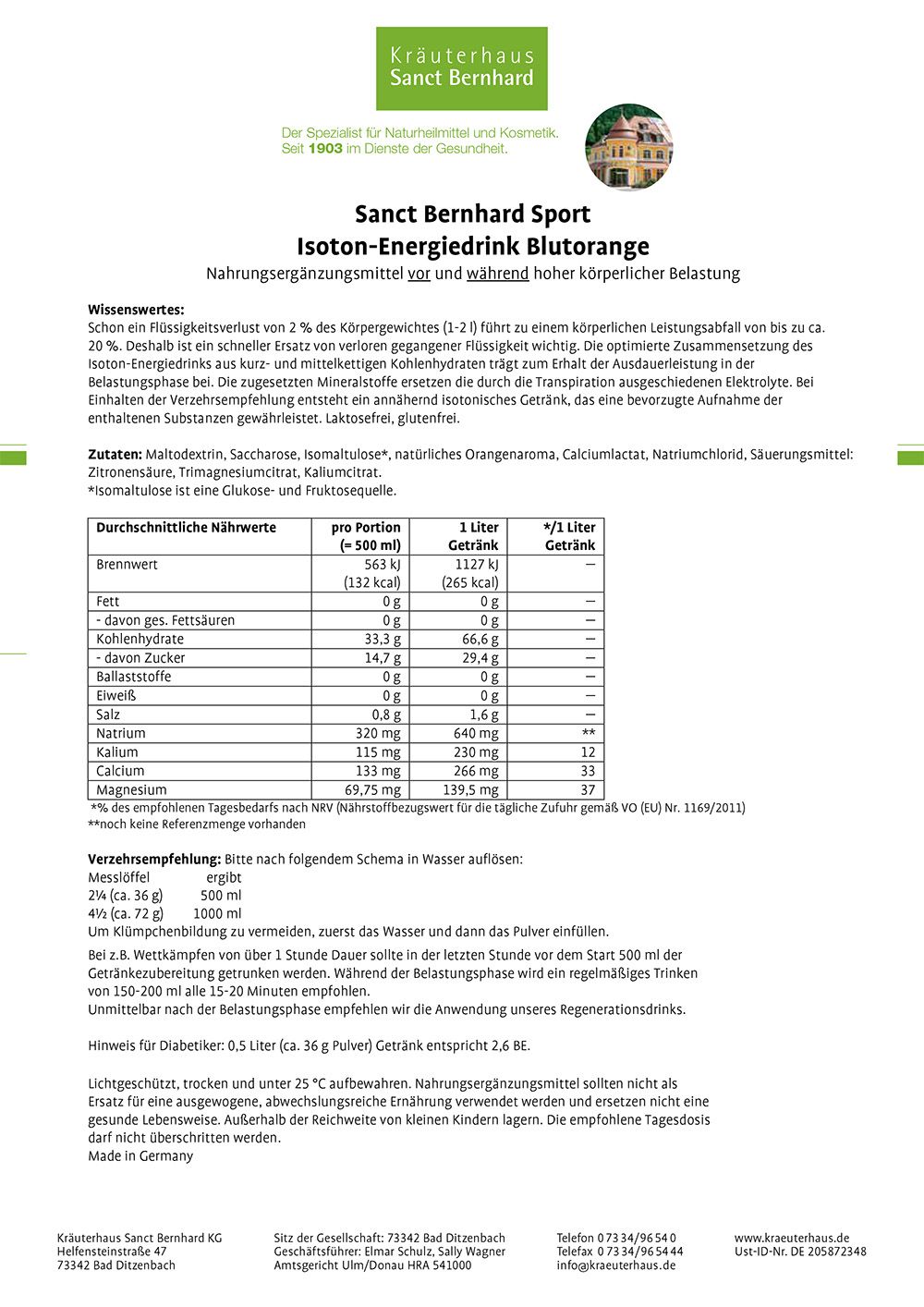 Sanct Bernhard Sport Isoton-Energiedrink Blutorange 900 g Getränk