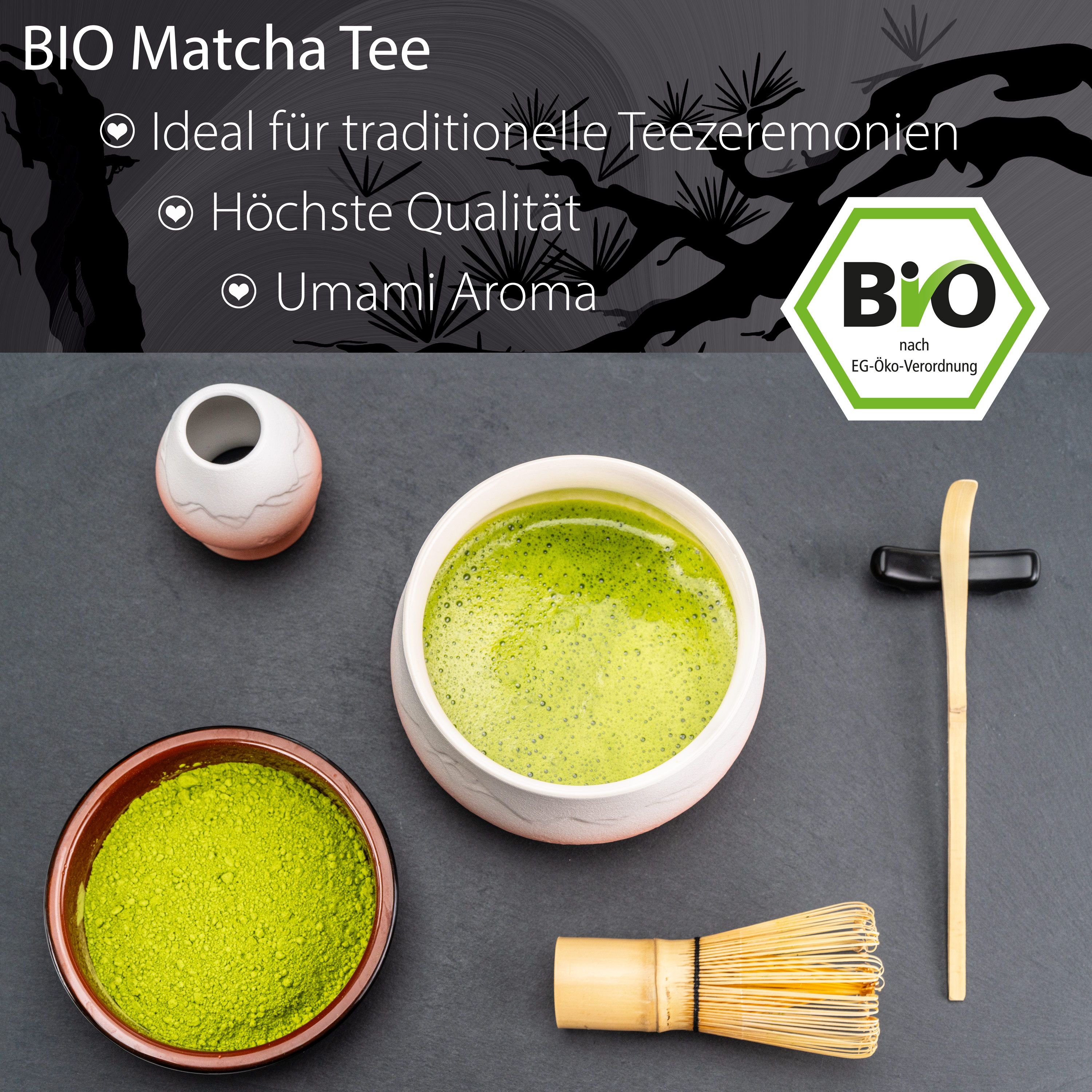BIO Matcha Tee Set mit Schale, Bambusbesen, Teelöffel und Wasserkännchen.