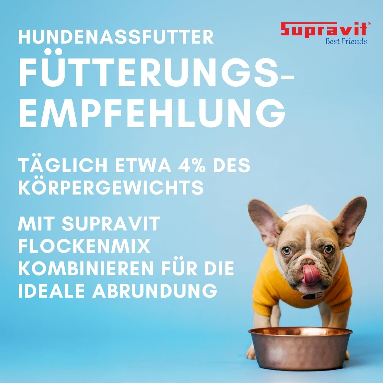 Hund leckt sich die Lippen. Text: Fütterungsempfehlung. Täglich etwa 4% des Körpergewichts. Mit Supravit Flockenmix kombinieren.