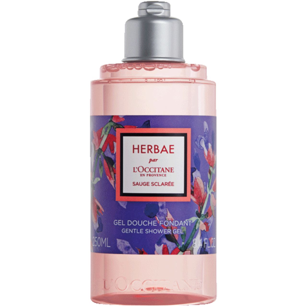 Duschgel-Flasche mit Etikett. Aufschrift: Herbae par L'Occitane, Sauge Sclarée. Floral-Design. Silberner Verschluss.