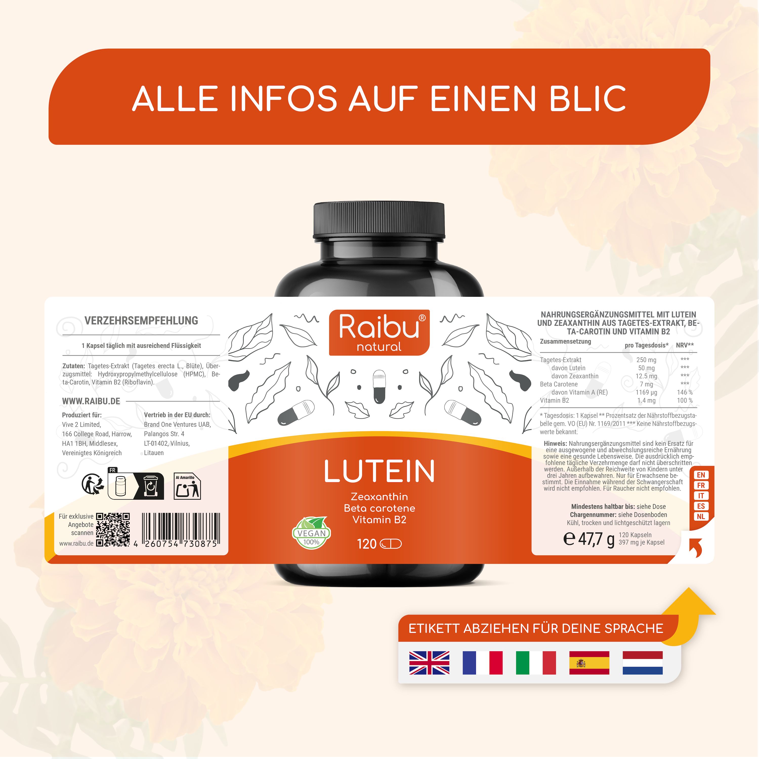 Etikett einer Flasche. Text: Lutein, Zeaxanthin, Beta-Carotin, Vitamin B2. 120 CD. Ziehen Sie das Etikett für Ihre Sprache ab.