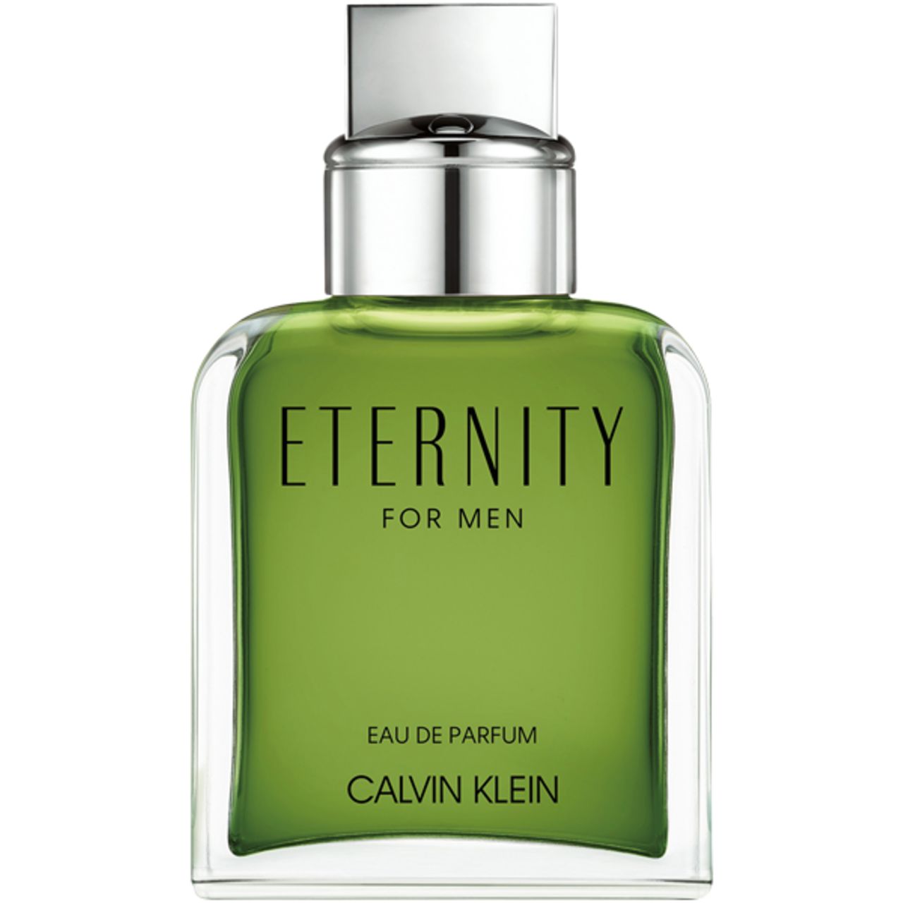 Grüner Flakon mit silbernem Verschluss. Schriftzug: Eternity For Men, Eau de Parfum, Calvin Klein.
