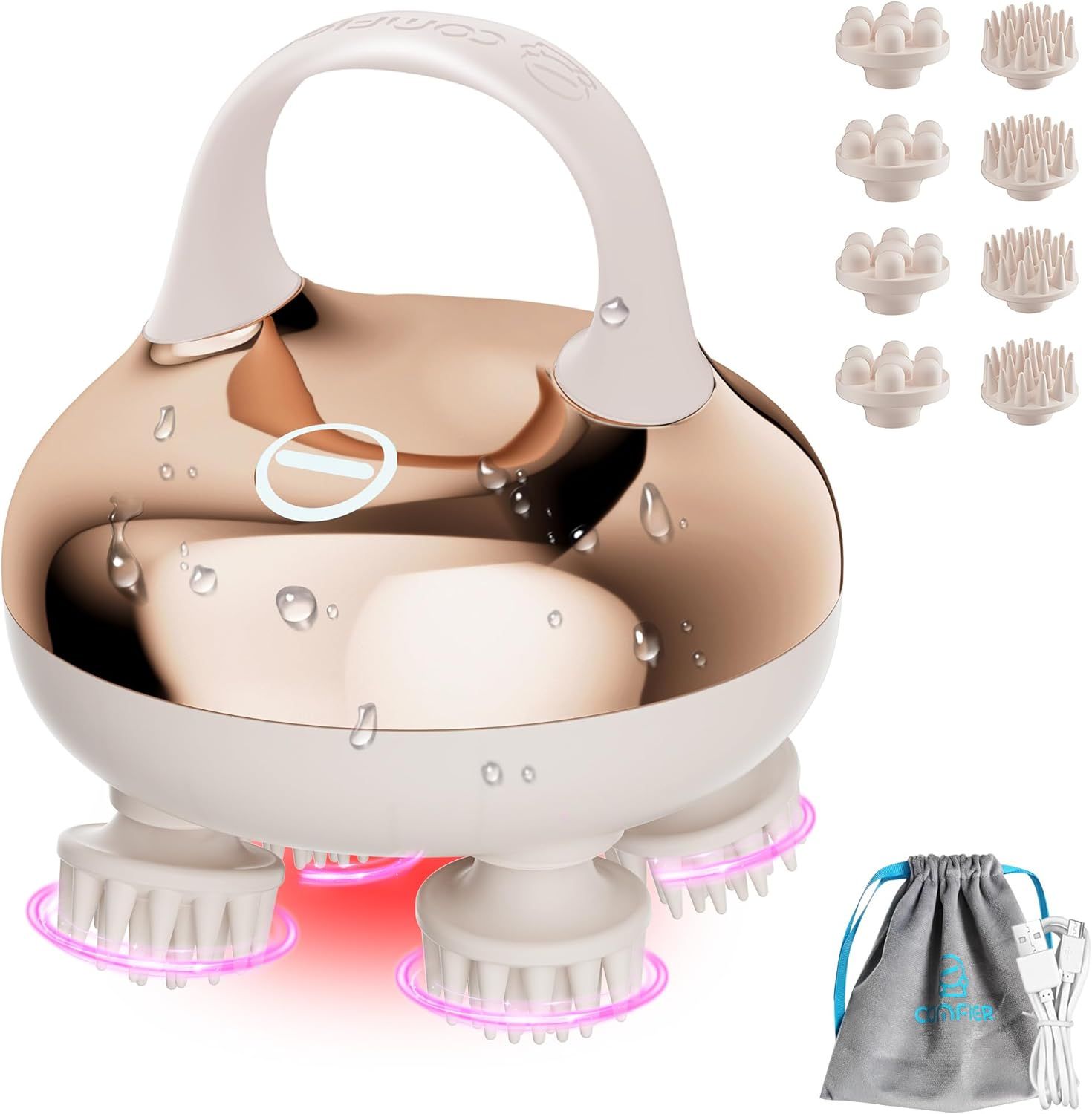 Wasserdichtes Massagegerät mit roten Lichtern und abnehmbaren Massageköpfen.