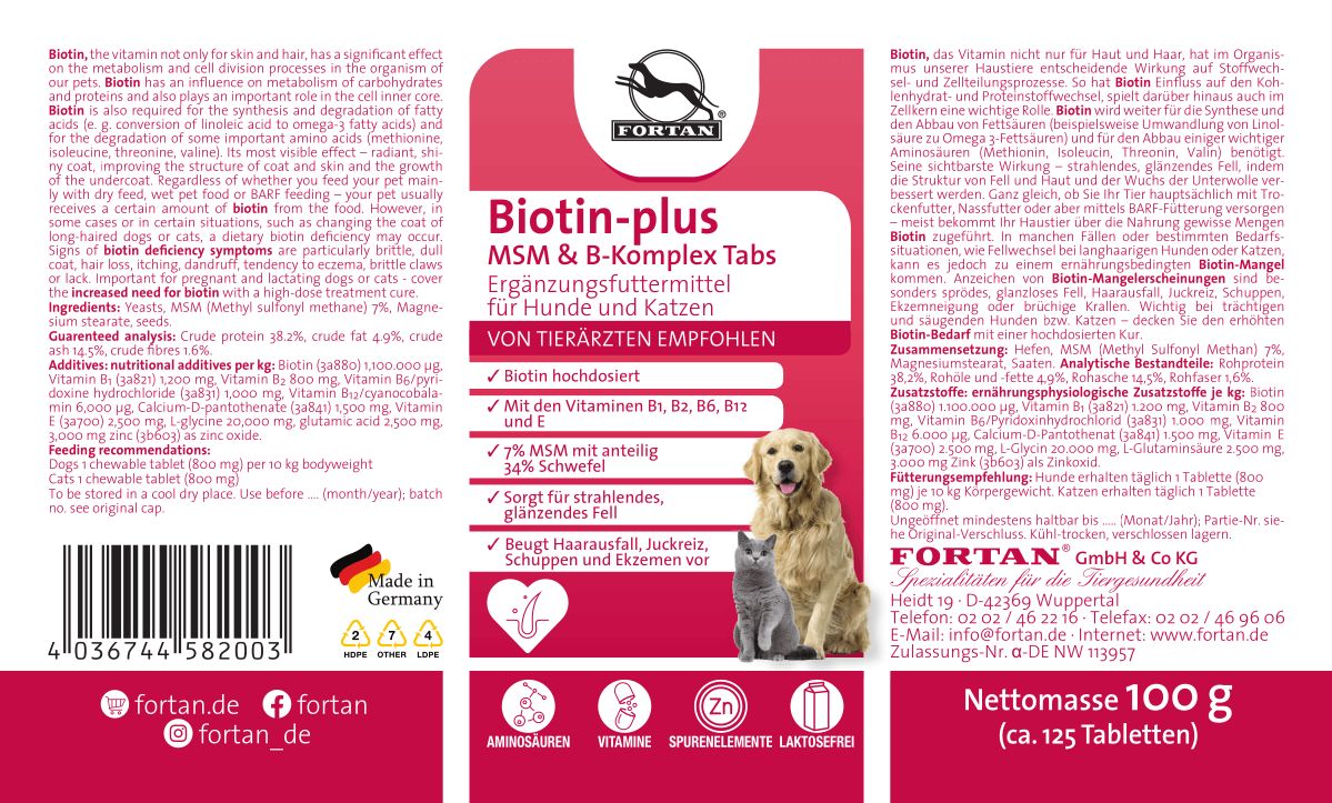 Rotes Etikett mit Text: FORTAN Biotin-plus MSM & B-Komplex Tabs. Für Hunde und Katzen. Von Tierärzten empfohlen. 100g. Mit Hund und Katze.