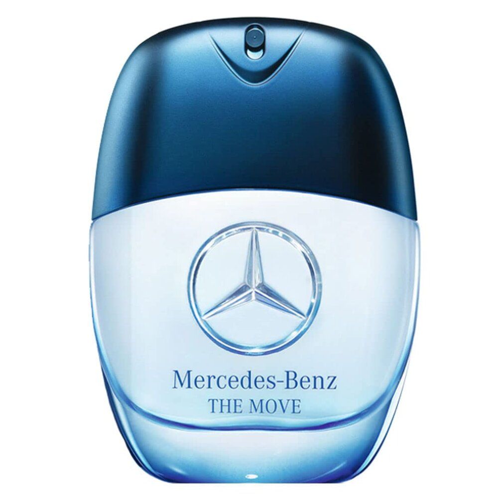 Mercedes-Benz The Move Eau de Toilette Flakon, blau und weiß, mit Stern-Logo.