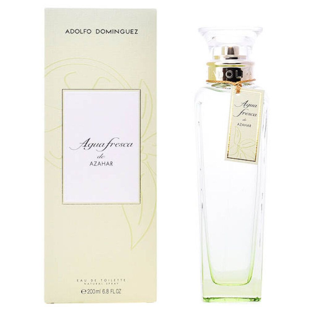 Adolfo Dominguez Agua Fresca De Azahar Eau De Toilette Spray. Flakon und Schachtel. Hellgrünes Glas, goldener Verschluss, Etikett.