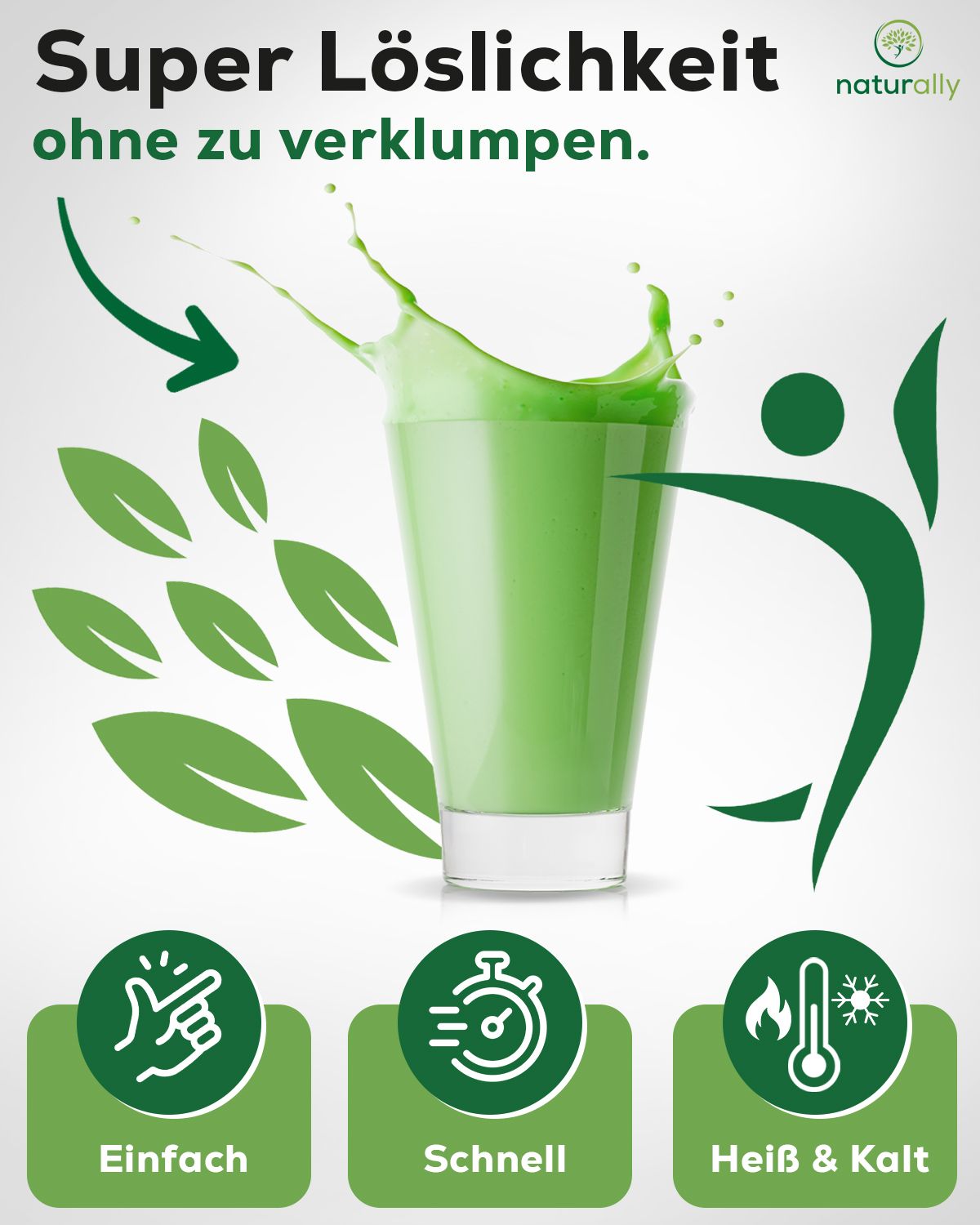 Glas mit grüner Flüssigkeit. Text: Super Löslichkeit, ohne zu verklumpen, einfach, schnell, heiß & kalt.