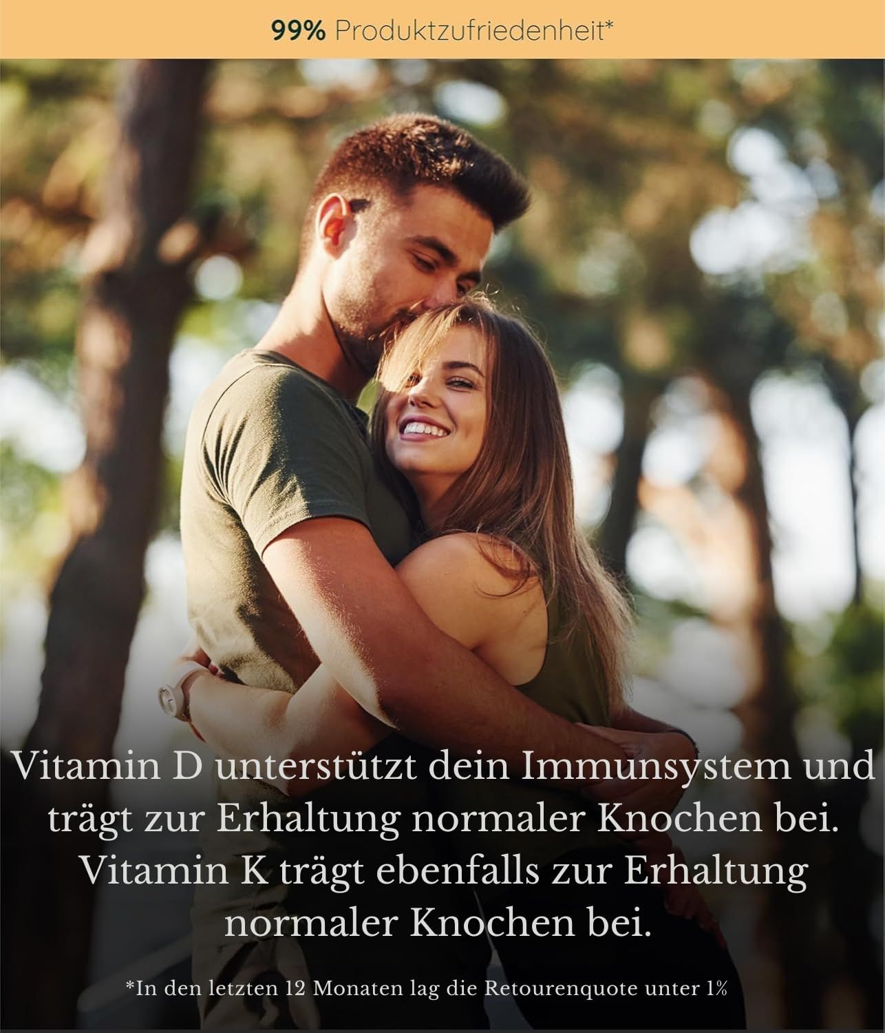 Paar umarmt sich, Luondu Vitamin D3+K2 unterstützt Immunsystem und Knochen.