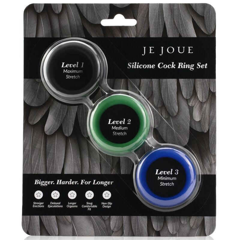 Verpackung mit drei Silikon-C-Ringen. Schwarz, grün und blau. Beschriftung: Je Joue, Silicone Cock Ring Set. Text: Level 1, 2, 3.