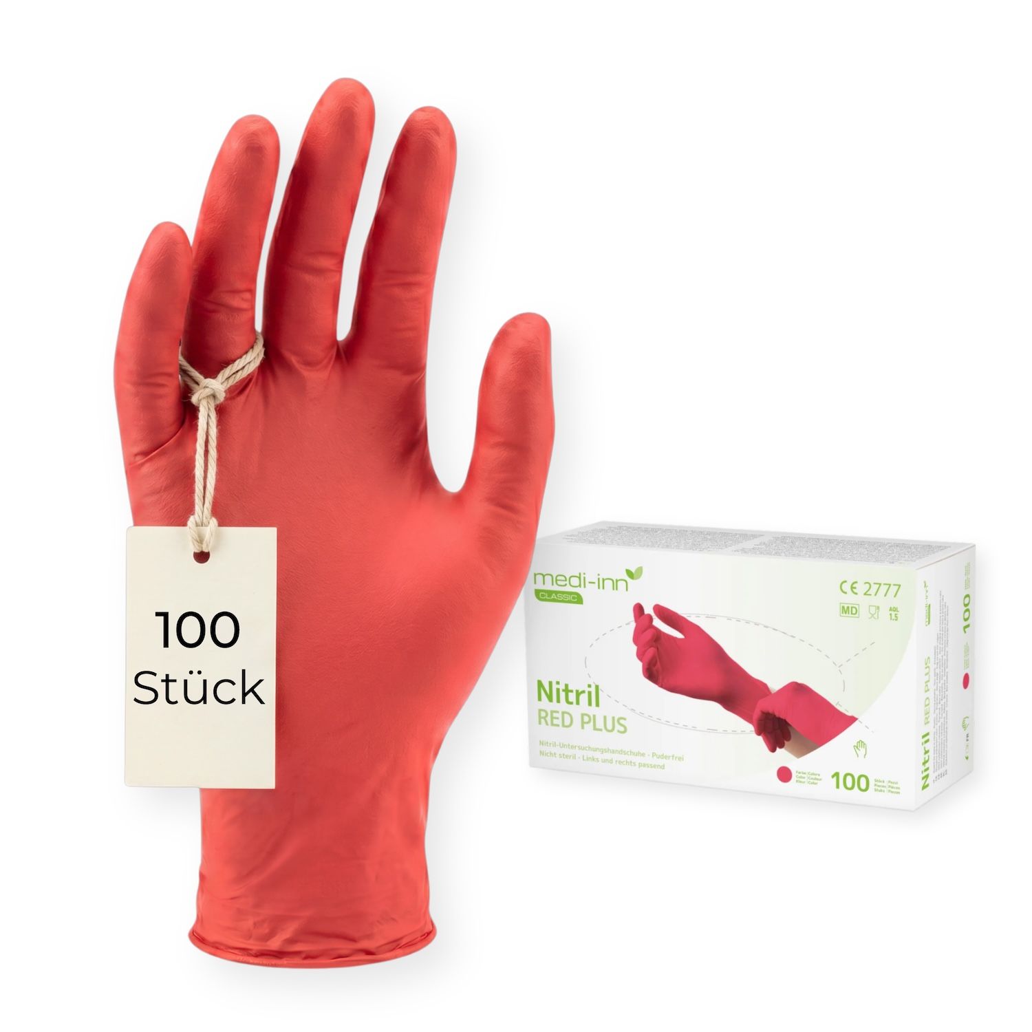 Roter Nitrilhandschuh mit Etikett '100 Stück' und einer Schachtel Medi-Inn Nitril Red Plus.