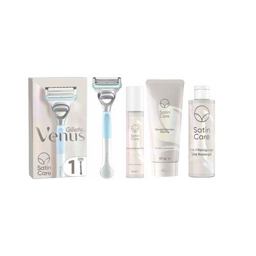 Rasierset mit Rasierer, Rasiergel, Reinigungs- und Rasiergel, und zwei weiteren Produkten. Verpackung mit Produktnamen.