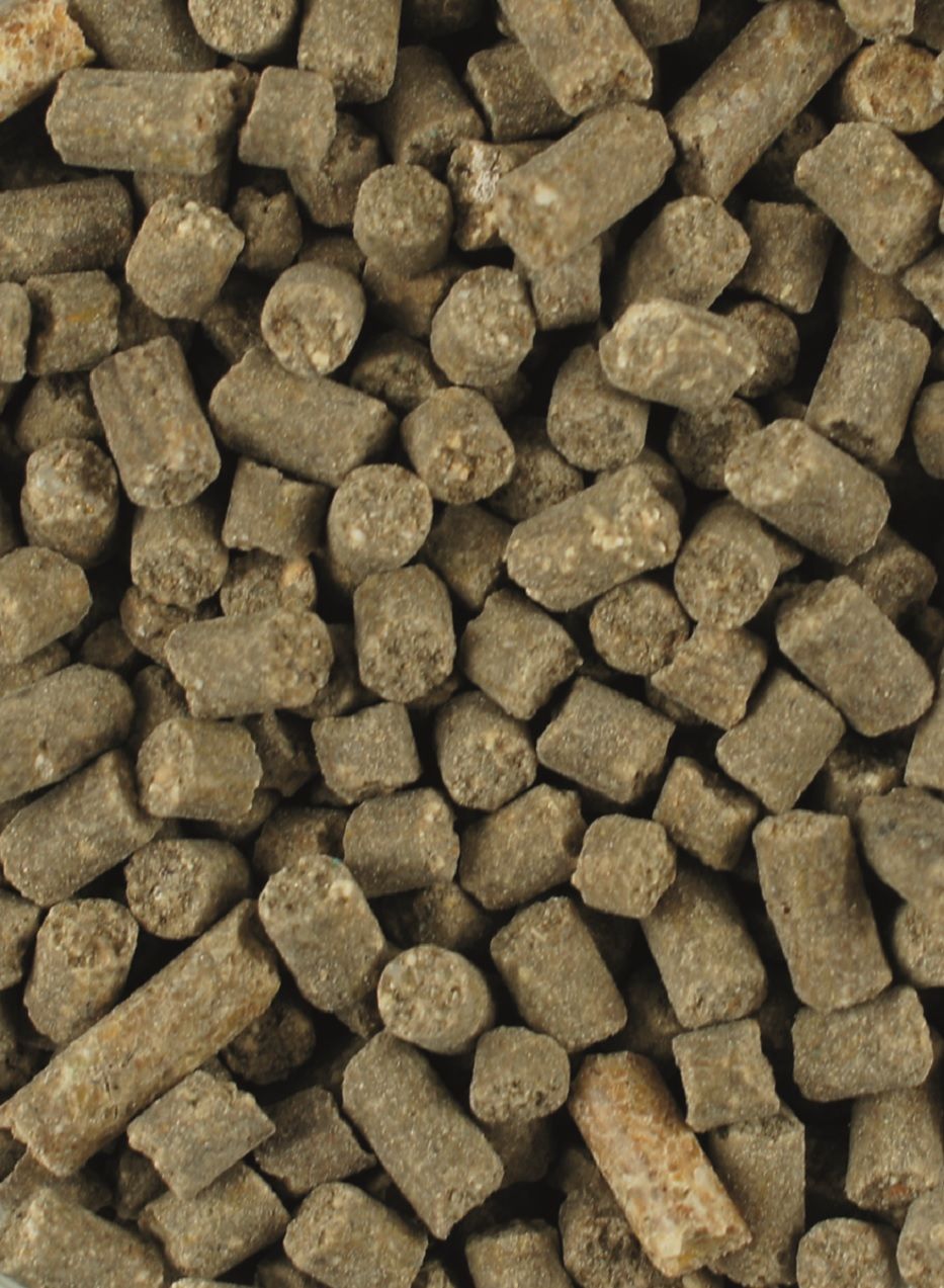 Nahaufnahme von braunen, zylindrischen Pellets. Unterschiedliche Größen und Formen. Rauhe Textur.