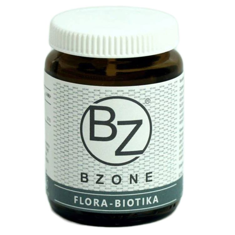 Braune Glasflasche mit weißem Schraubverschluss. Aufschrift BZONE, Flora-Biotika. Weißes Etikett mit grauen Details.