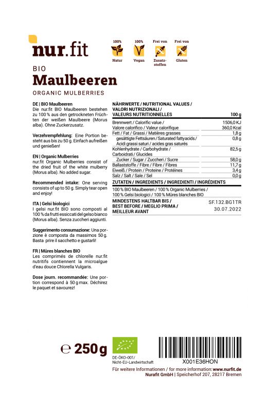 Etikett mit Nährwertangaben und Inhaltsstoffen. "nur.fit BIO Maulbeeren" ist geschrieben. Informationen in Deutsch, Englisch und Italienisch.