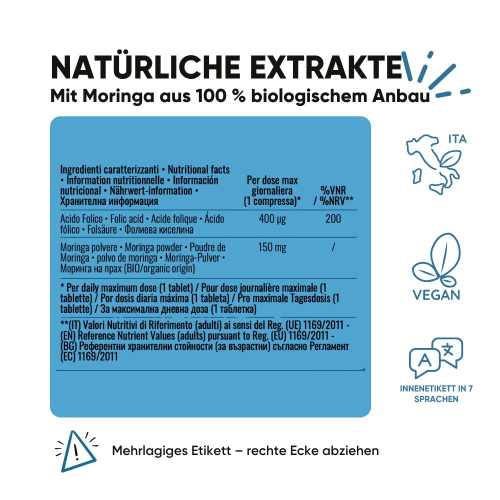 Text mit Nährwertangaben. Text: Acido Folico, Moringa Pulver. Vegan-Symbol. Etikett in 7 Sprachen. Text in deutscher Sprache.