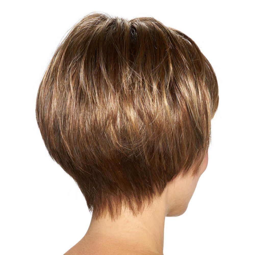Kurzhaarperücke mit braunen und blonden Strähnen. Rückansicht.
