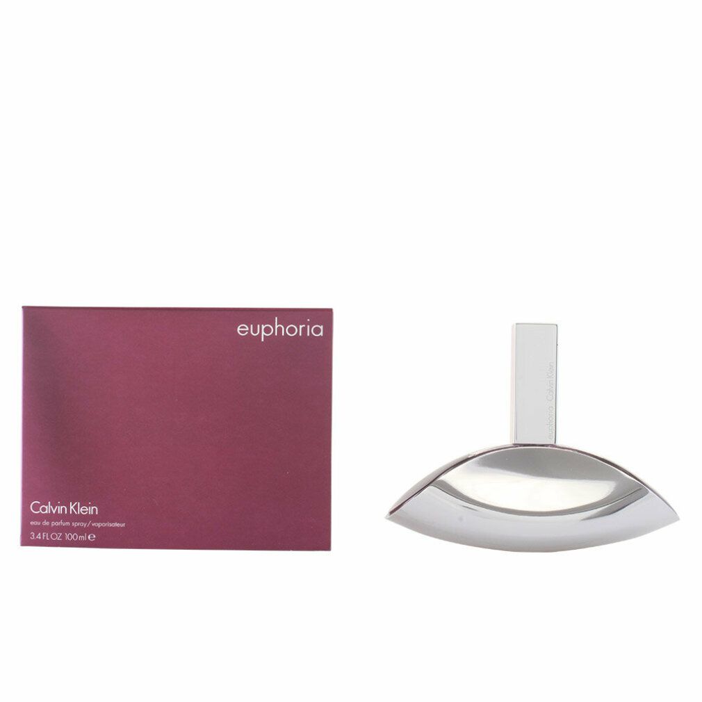 Parfümflakon und Verpackung. Flakon silberfarben, Verpackung bordeauxrot. Aufschrift: euphoria Calvin Klein.