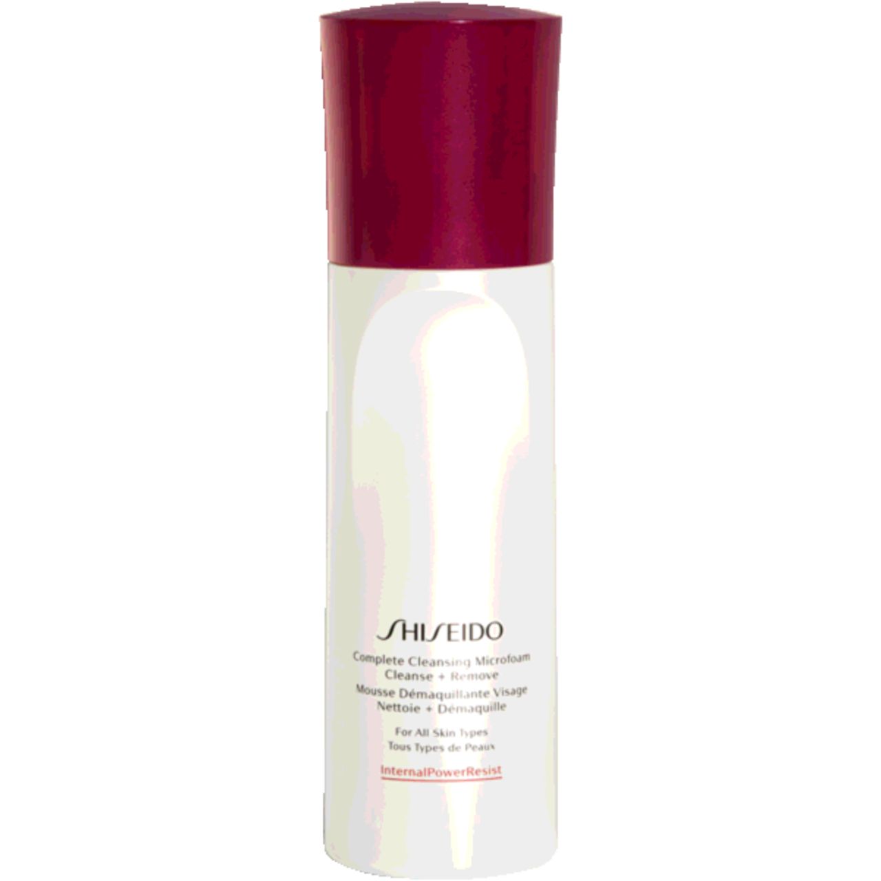 Weißes Shiseido-Reinigungsschaum-Fläschchen mit bordeauxrotem Deckel. Produktbezeichnung und Text auf dem Etikett.