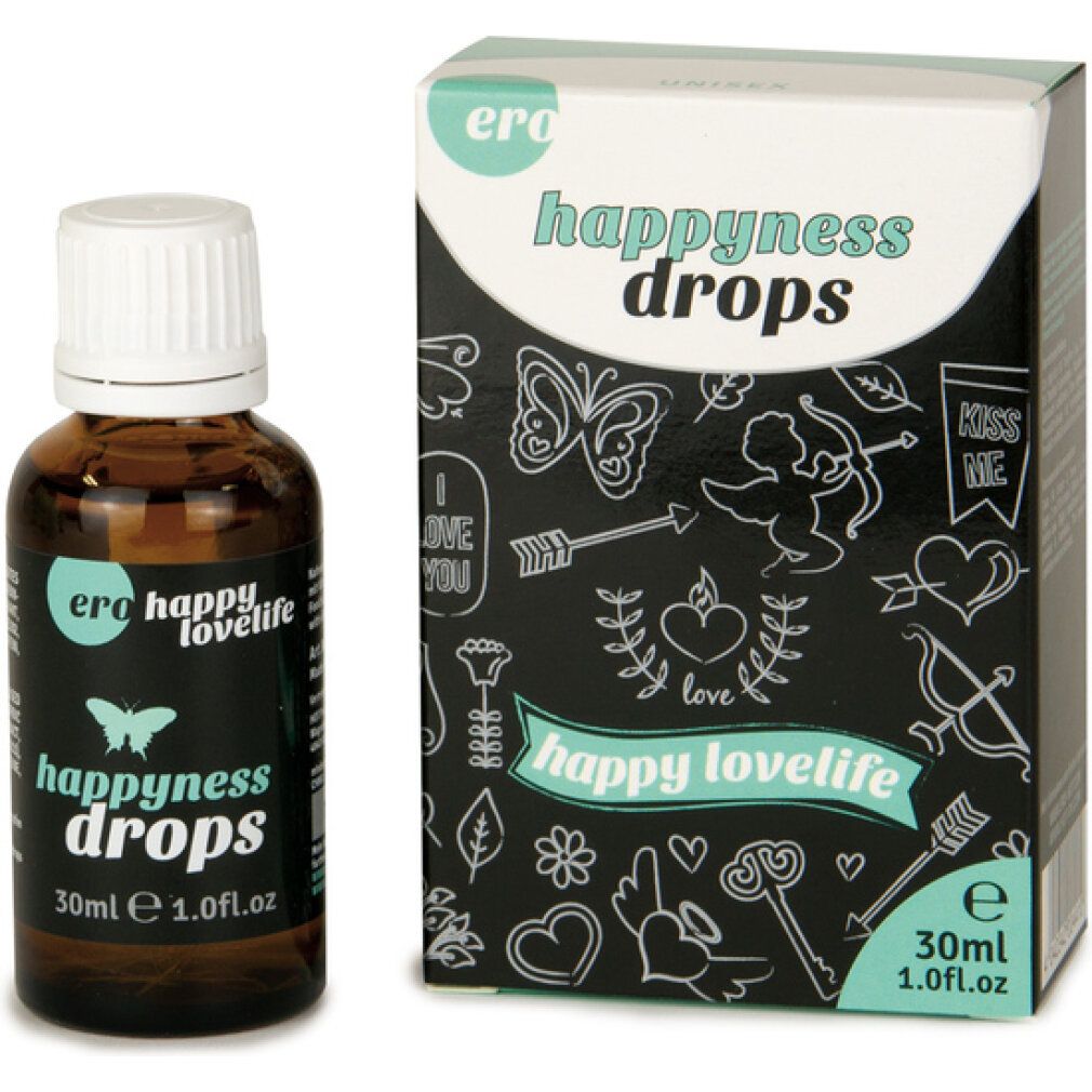 Flasche und Verpackung 'happiness drops'. Braune Glasflasche neben schwarzer Box mit Mustern.