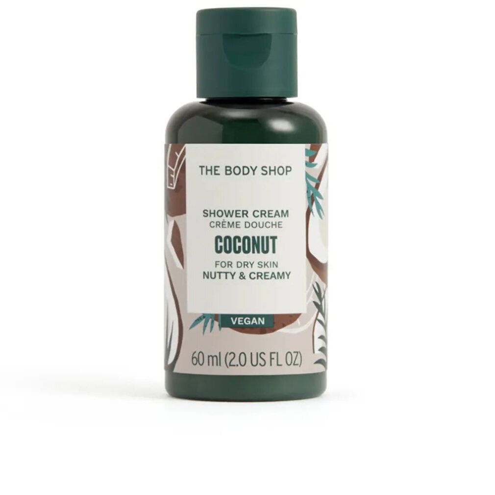 Kleine Flasche mit grünem Deckel. Aufschrift: THE BODY SHOP, COCONUT, für trockene Haut, vegan. 60 ml.