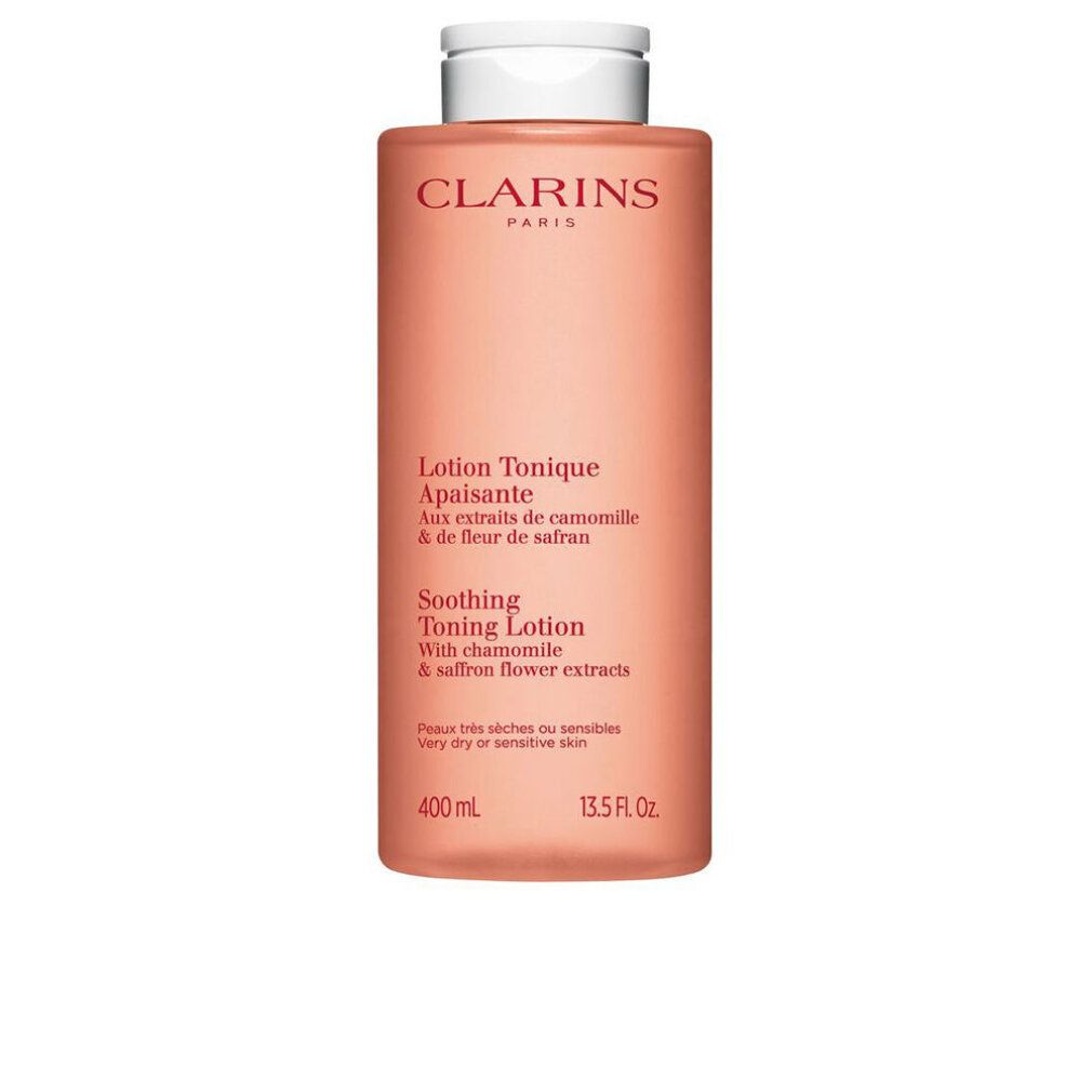 Rosa Flasche mit weißem Deckel. Aufschrift: CLARINS PARIS. Text: Lotion Tonique Apaisante. Mit Kamille & Safranblütenextrakten. 400 ml.