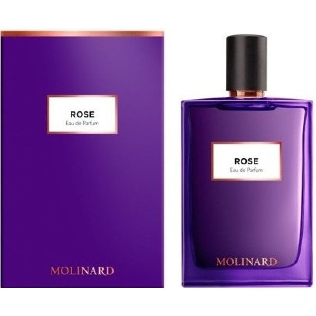 Violette Flasche und Verpackung. Aufschrift ROSE, Eau de Parfum und MOLINARD. Schwarzer Verschluss.