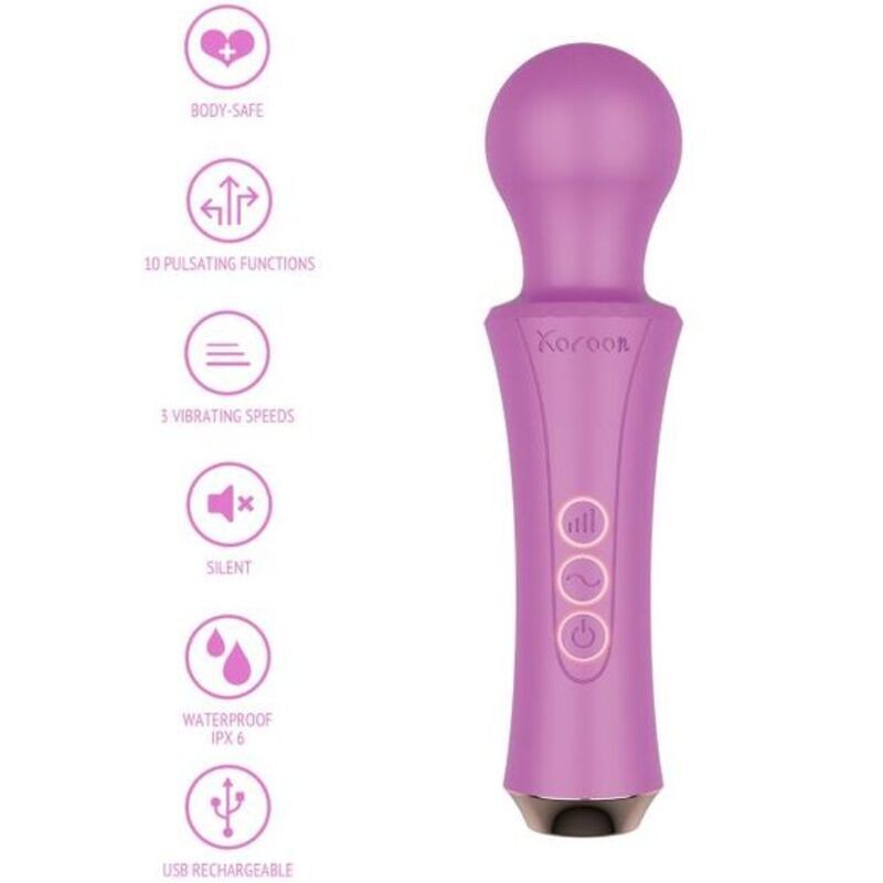 Lila Xocoon-Zauberstab mit abgerundetem Kopf. Text: 10 Vibrationsfunktionen, 3 Geschwindigkeiten, wasserdicht IPX6, USB-aufladbar.