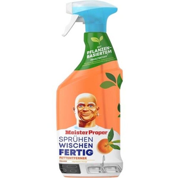 Orangefarbene Sprühflasche mit blauem Sprühkopf. Aufschrift: Meister Proper, Sprühen Wischen Fertig, Fettentferner. Abbildung von Mr. Proper.