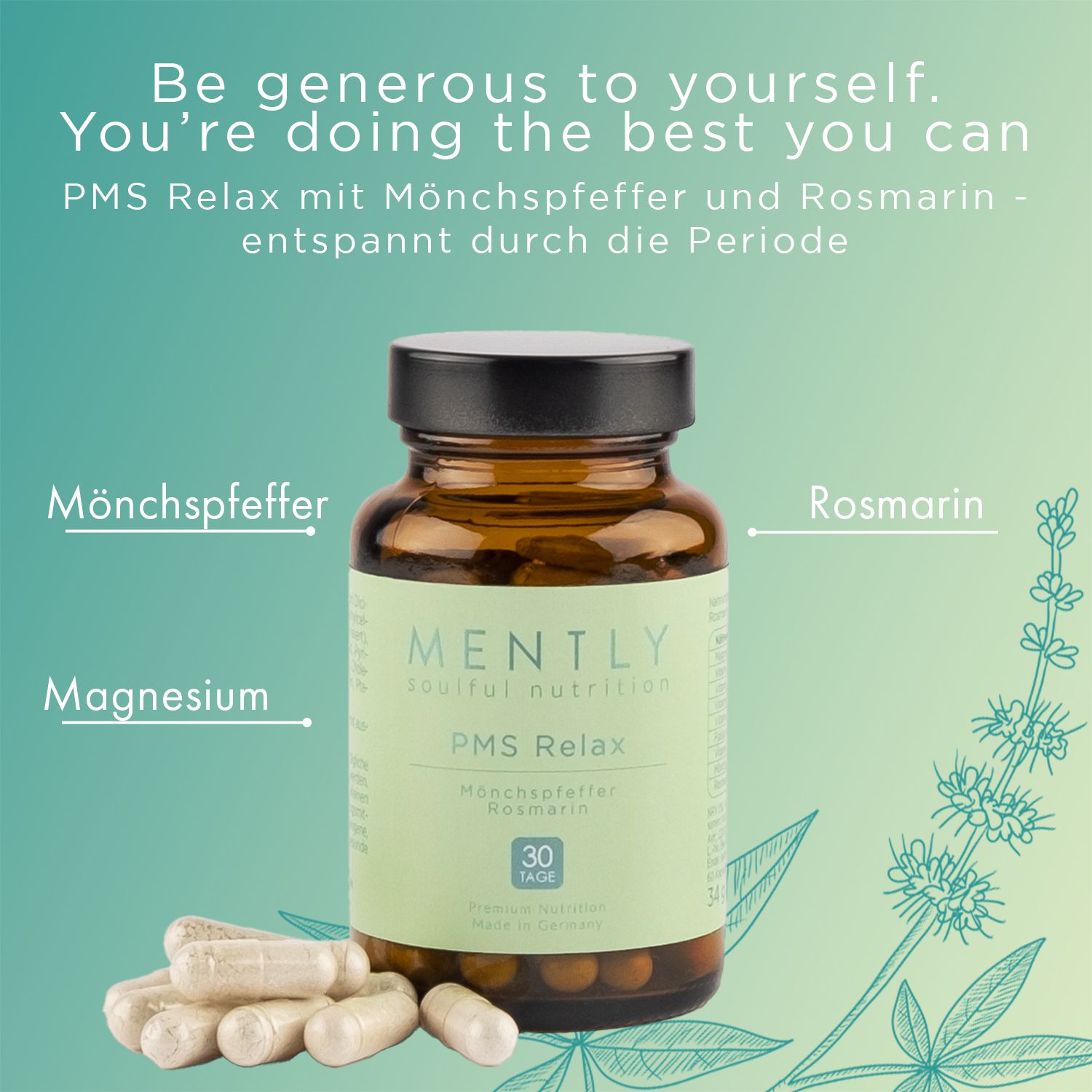 Produktflasche mit Kapseln und Kräutern. Text: "MENTLY PMS Relax". Zusätze: Mönchspfeffer, Rosmarin, Magnesium.
