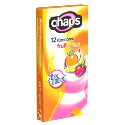 Verpackung von Chaps Kondomen. Aufdruck: 12 Kondome, fruit & fun. Abbildung von Orange, Banane und Erdbeere. Mit "Nice Price!"