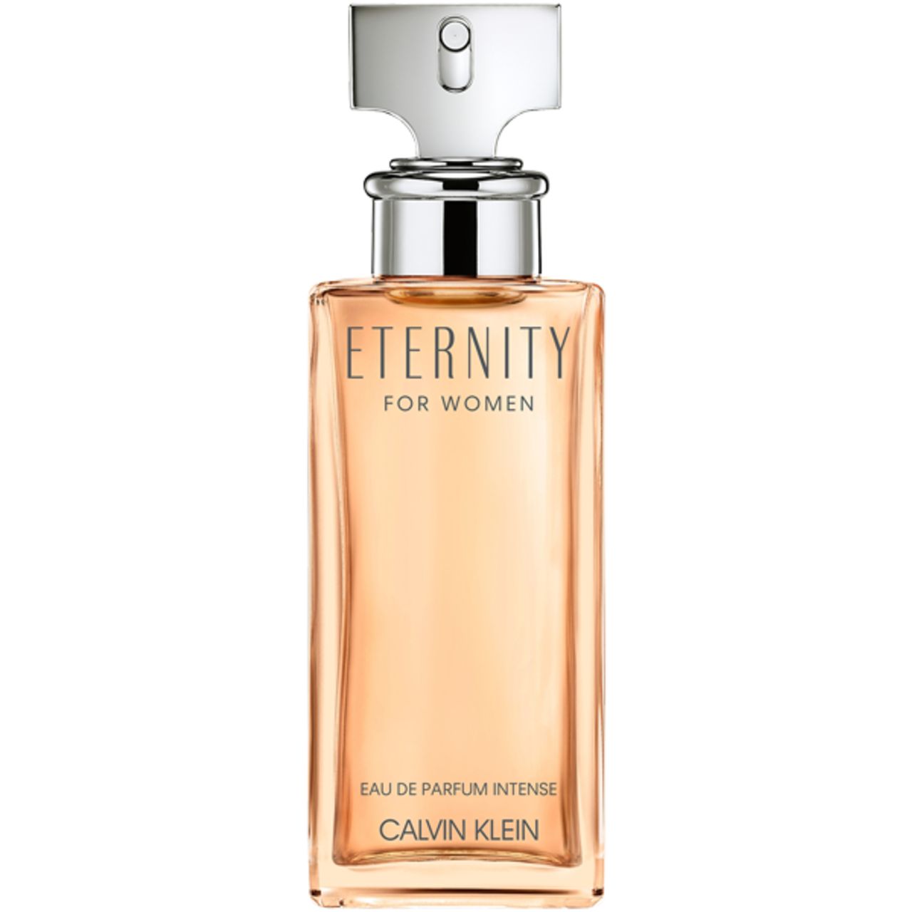 Rechteckiger Flakon mit silbernem Verschluss. Aufschrift: Eternity for Women, Eau de Parfum Intense, Calvin Klein.