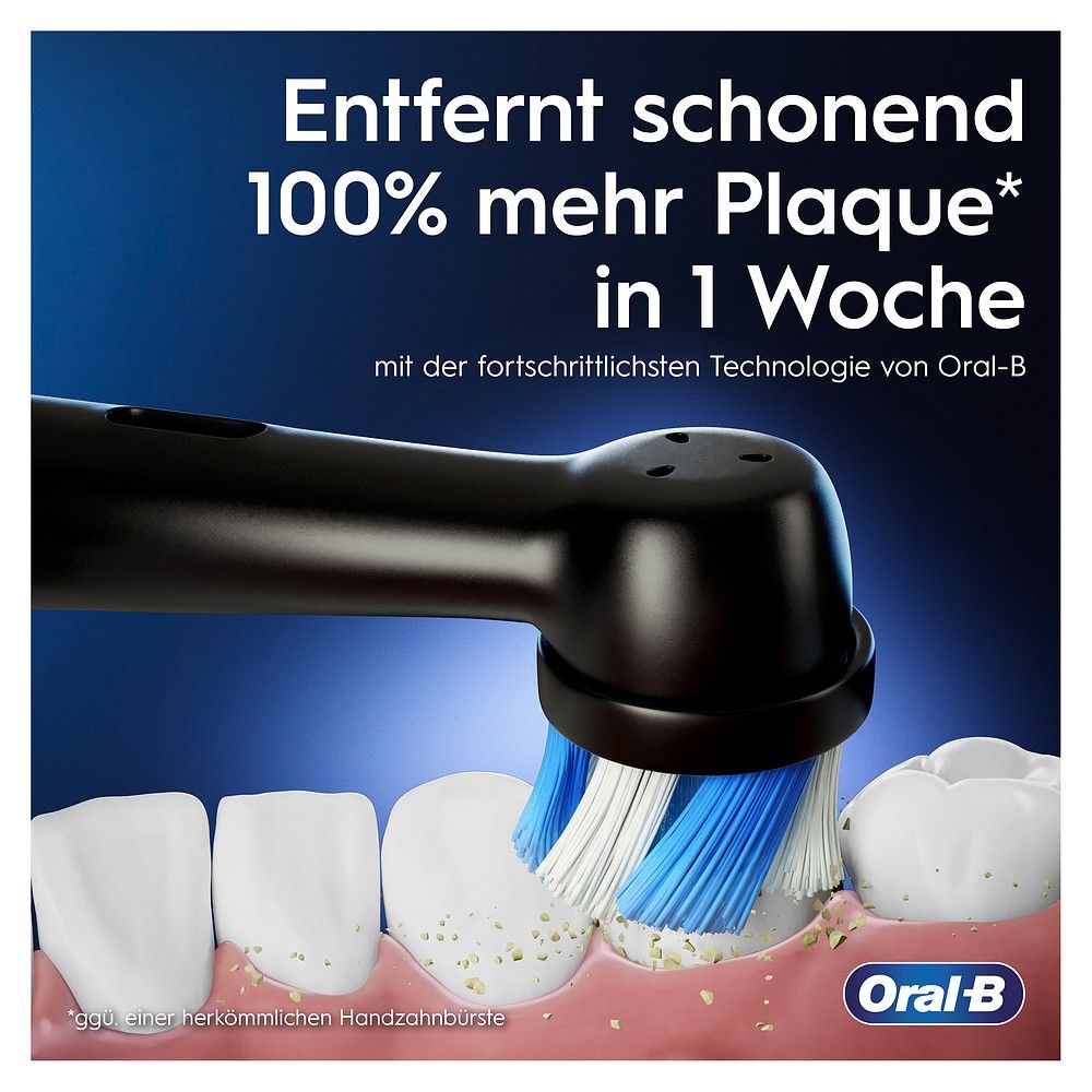 Oral-B iO Zahnbürstenkopf reinigt Zähne von Plaque. "Entfernt 100% mehr Plaque in 1 Woche."