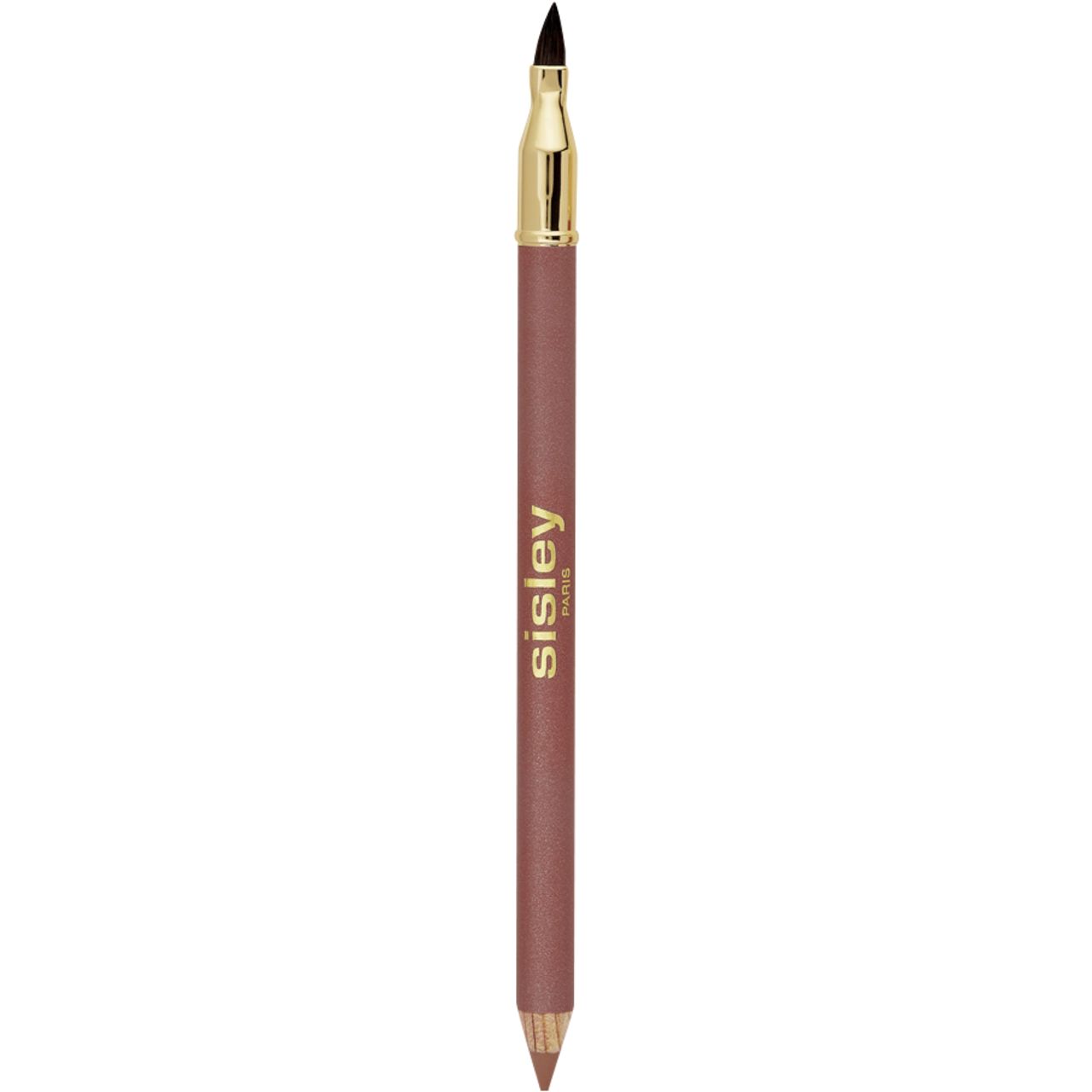 Sisley Phyto-Lèvres Perfect Lipliner. Rosa Lipliner mit goldener Kappe und Pinsel. Auf weißem Hintergrund.