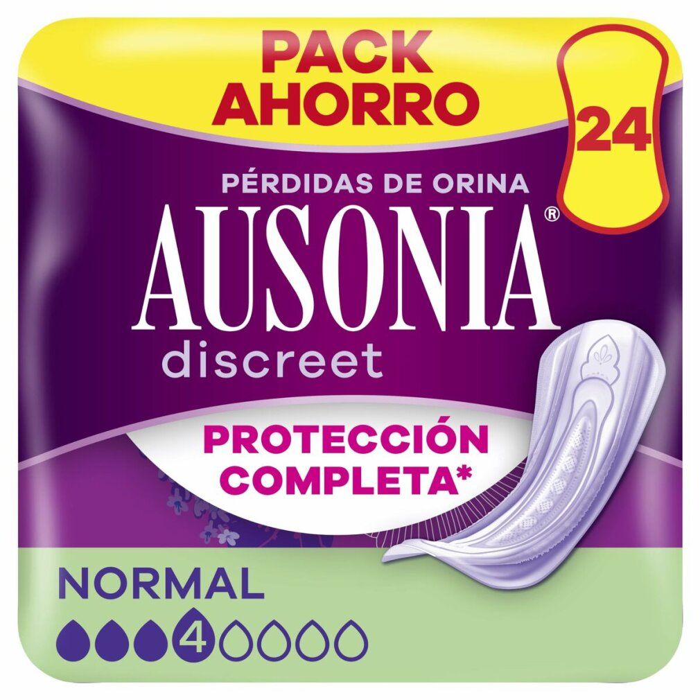 Ausonia Discreet Normal Packung. 24 Stück. Lila Verpackung mit Produktabbildung und Text. Schutz vor Urinverlust.