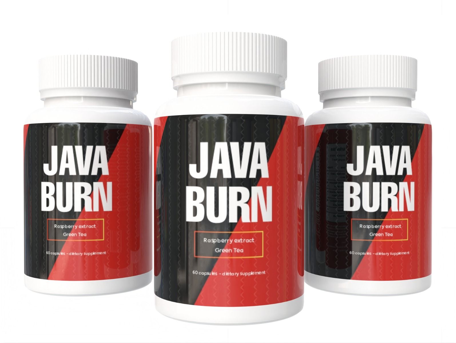 Drei weiße Flaschen mit schwarzem und rotem Etikett. Aufschrift: JAVA BURN, Himbeerextrakt, Grüner Tee. 60 Kapseln.