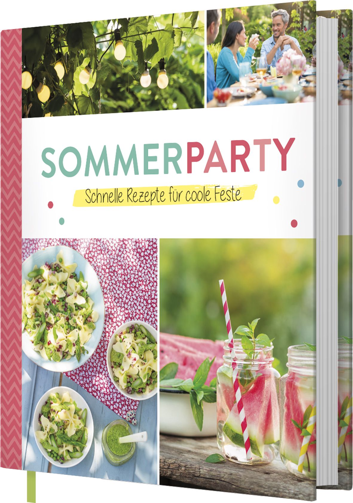 Buch mit dem Titel "Sommerparty". Auf dem Cover sind Fotos von Speisen und Getränken abgebildet. Der Buchrücken ist rot-weiß gemustert.