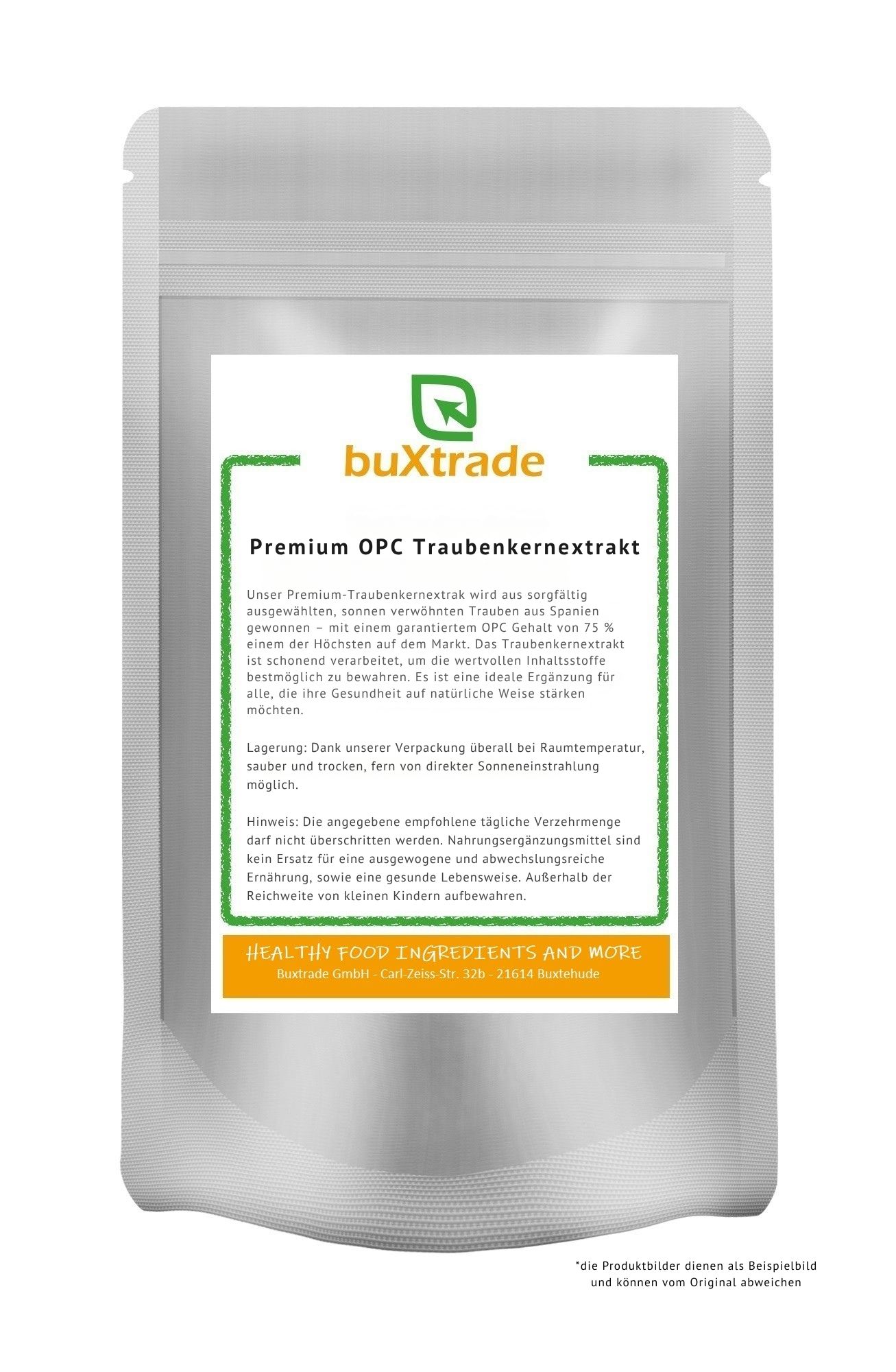 Beutel mit weißem Etikett. Aufschrift: buXtrade Premium OPC Traubenkernextrakt. Grüner Rahmen. Text in Deutsch.