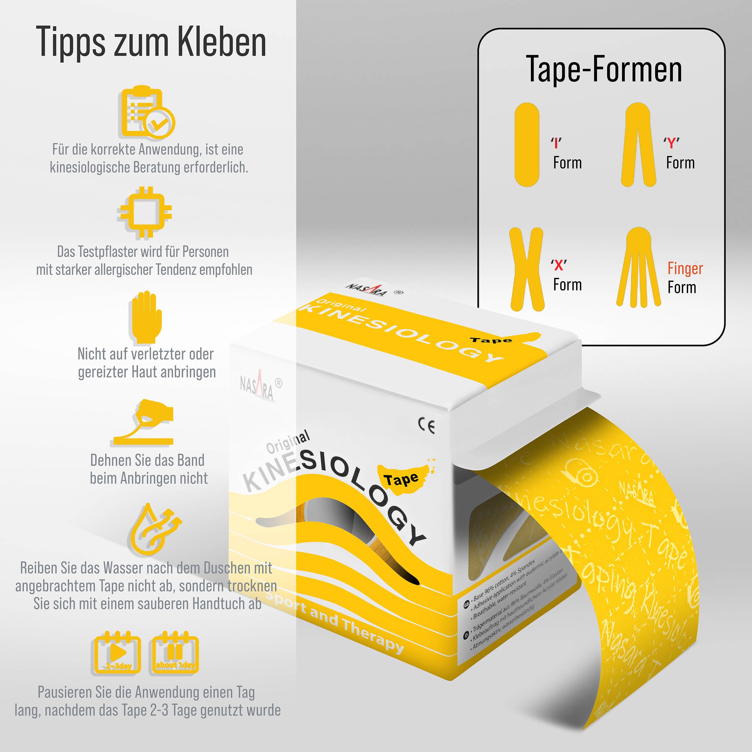 Infografik mit Anwendungsbeispielen und Formen von Kinesiologie-Tape. Box mit Tape und Text: NASARA, Original Kinesiology Tape.