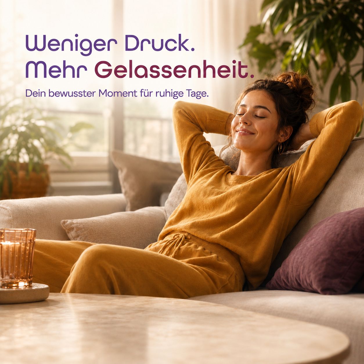 Frau entspannt auf einem Sofa liegend, Hände hinter dem Kopf. Wellness-Konzept für Gelassenheit.