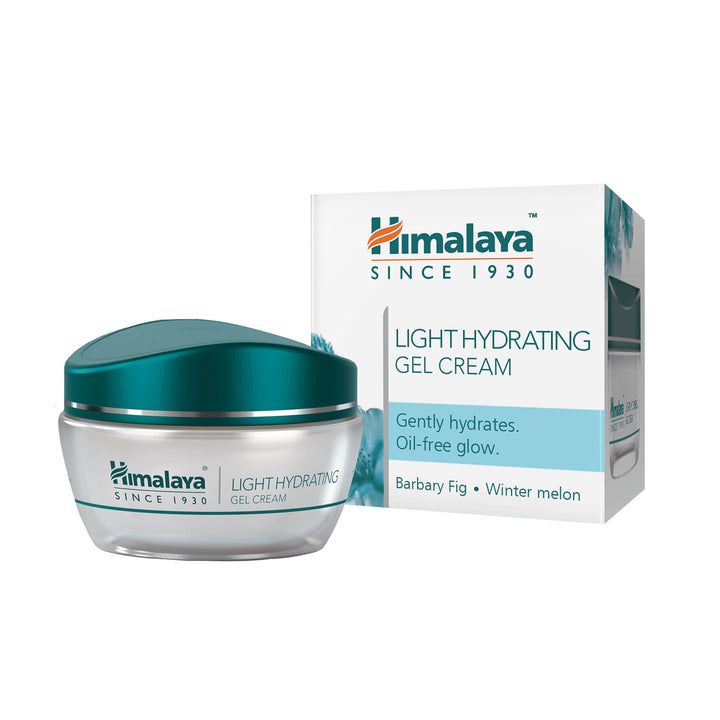 Creme-Glas mit blauem Deckel und Karton. Aufschrift: Himalaya, Light Hydrating Gel Cream. Enthält Feigenkaktus und Wassermelone.