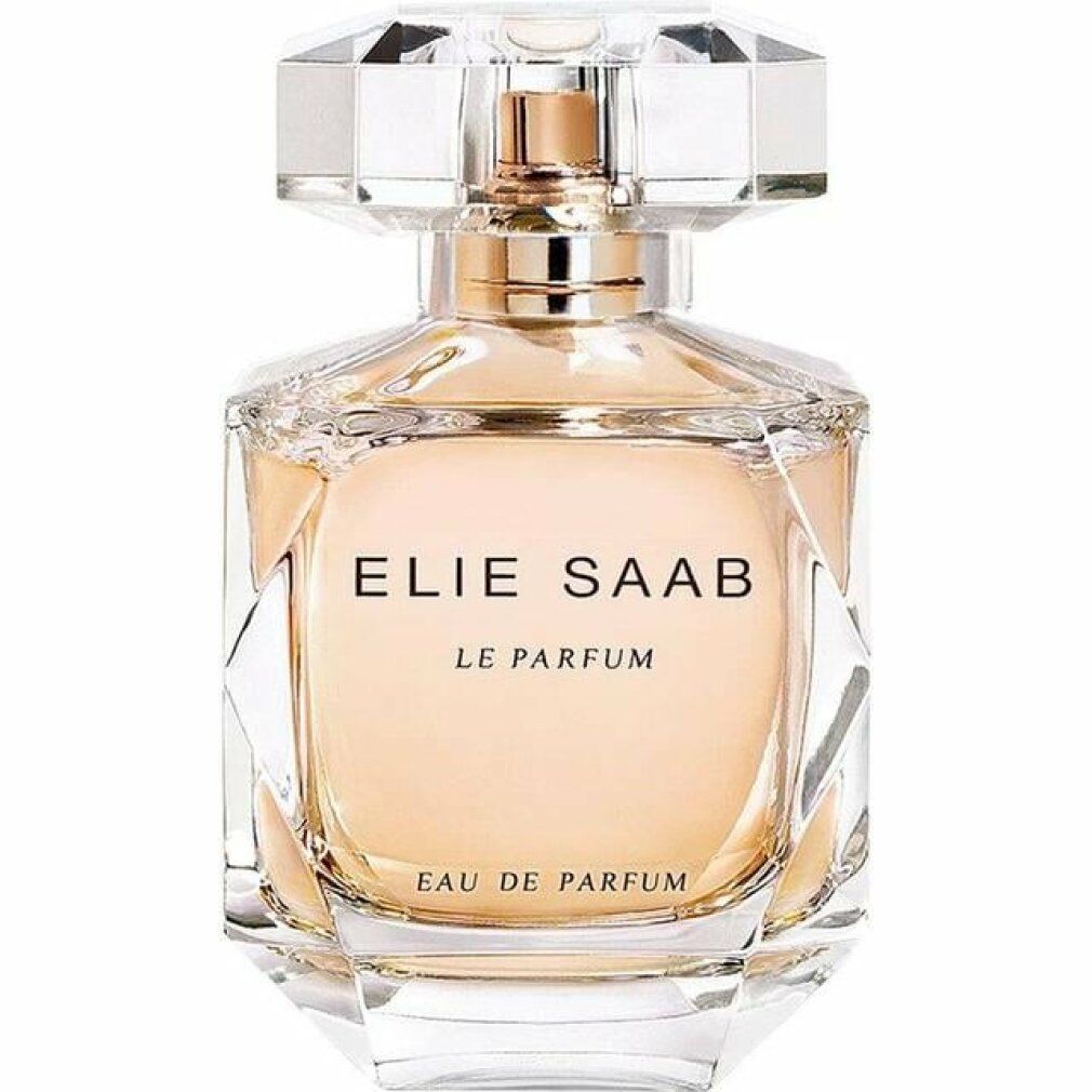 Elie Saab Le Parfum EDP Flakon. Klarer Glasflakon mit goldfarbenem Verschluss. Aufschrift: Elie Saab Le Parfum Eau de Parfum.