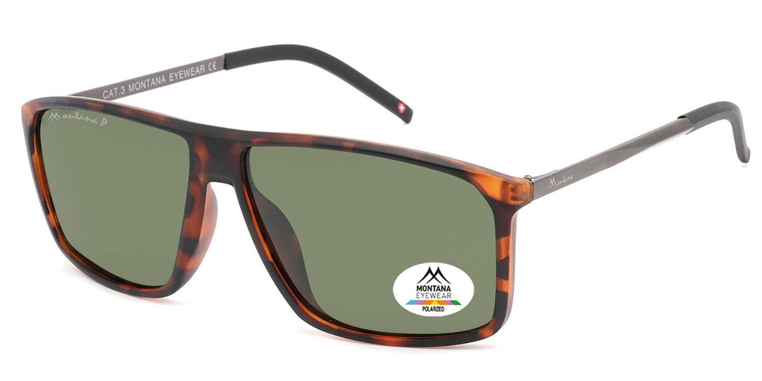 Sonnenbrille mit braunem Rahmen und grünen Gläsern. Montana Eyewear Logo und Polarized-Aufkleber. Rechteckige Form.