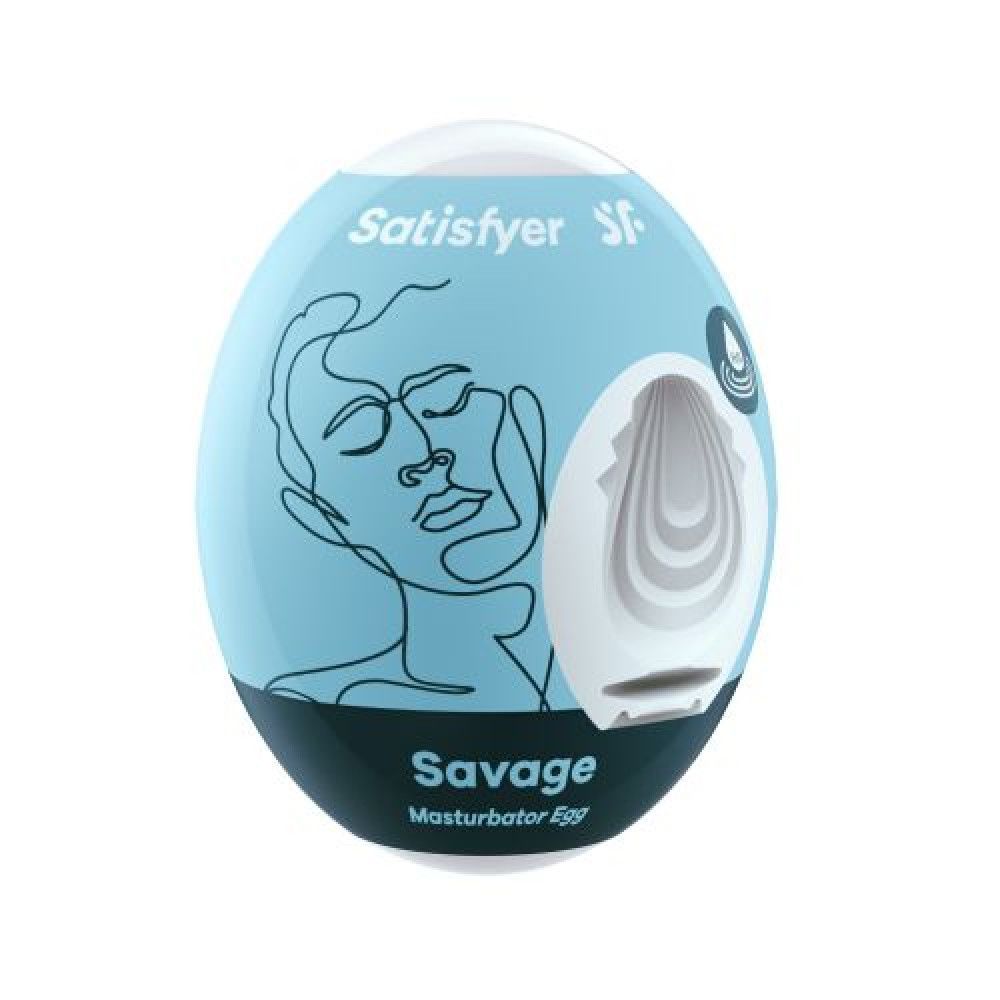 Blauer Masturbator in Ei-Form mit Gesichtsgrafik und Rillenstruktur. Marke: Satisfyer.