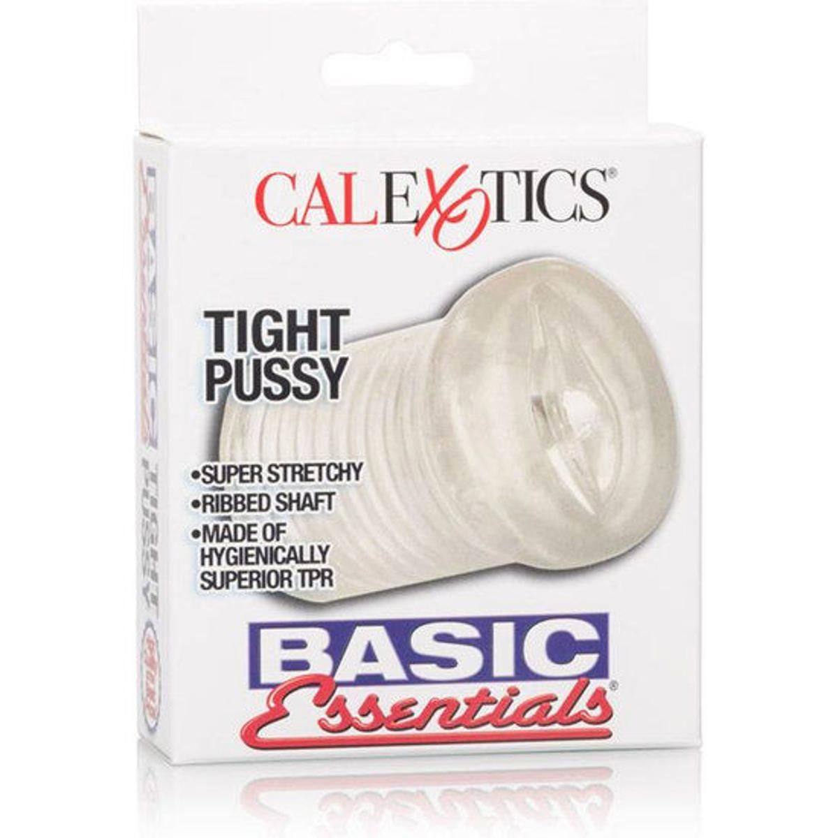 Verpackung mit Masturbator. Aufschrift: CALEXOTICS, TIGHT PUSSY, RIBBED SHAFT, SUPER STRETCHY, SUPERIOR TPR. Marke: BASIC Essentials.
