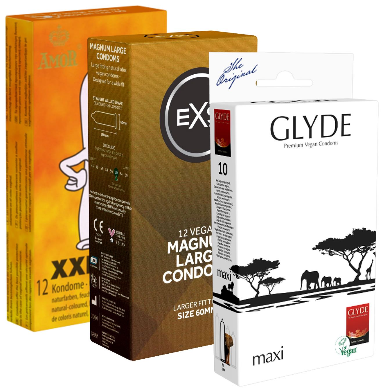 Drei Kondom-Verpackungen. Marken: Amore XXL, EX, Glyde. Größenangaben und Logos sind sichtbar. Verpackungen in verschiedenen Farben.
