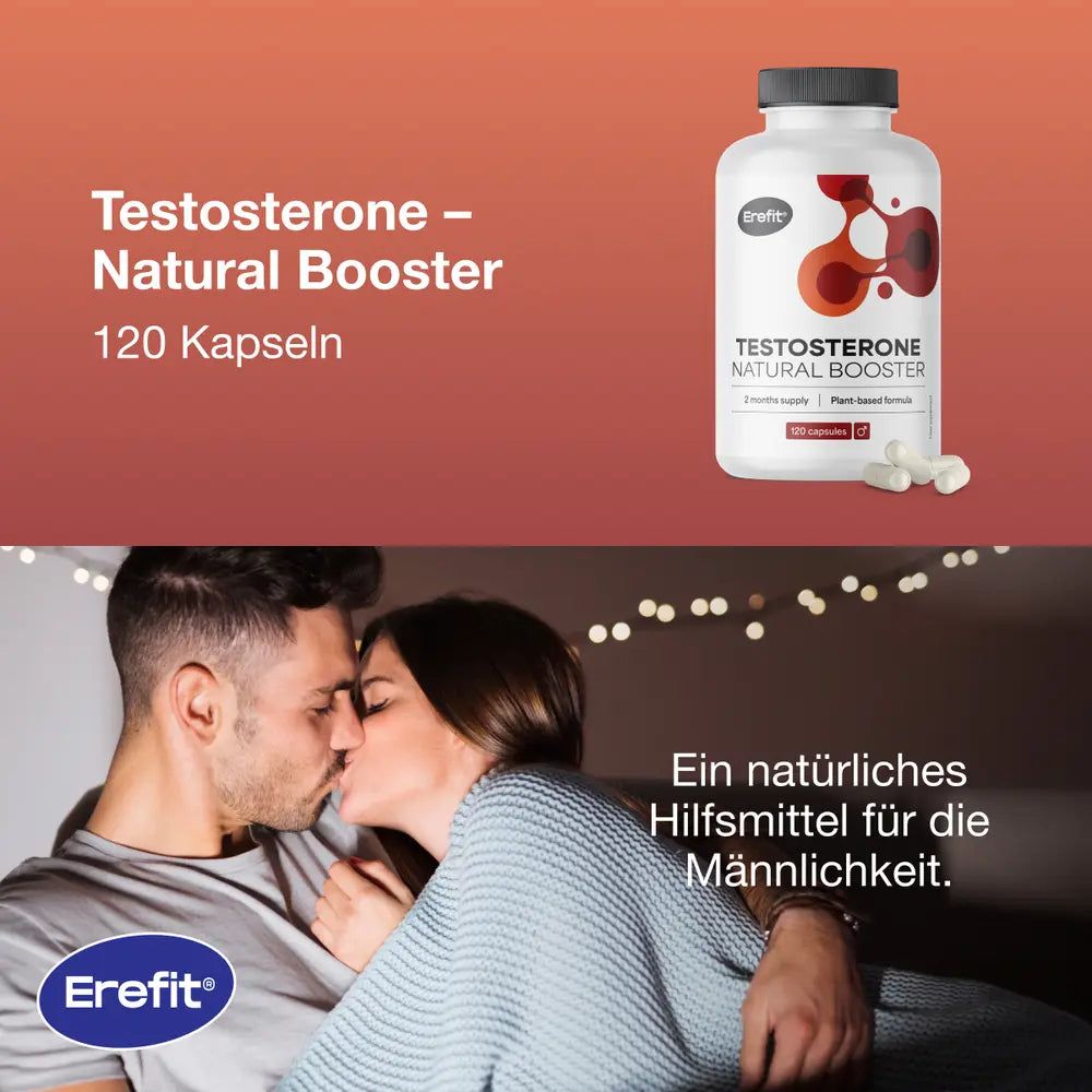 Paar küsst sich, Flasche mit Kapseln. Aufschrift: Erefit, Testosterone Natural Booster, 120 Kapseln.