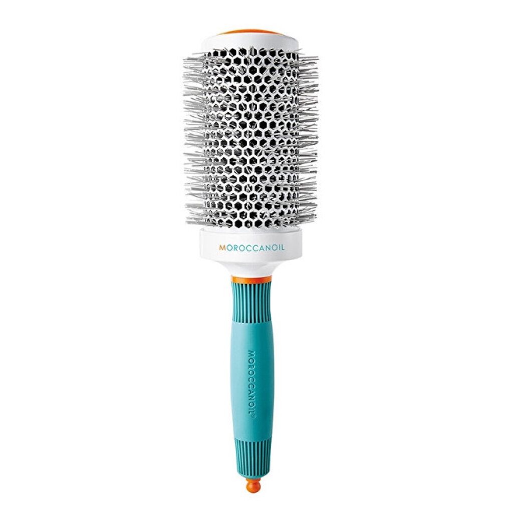 Rundbürste mit weißem, perforiertem Zylinder, silbernen Borsten und blauem Griff. Orange Akzente. Moroccanoil-Logo.