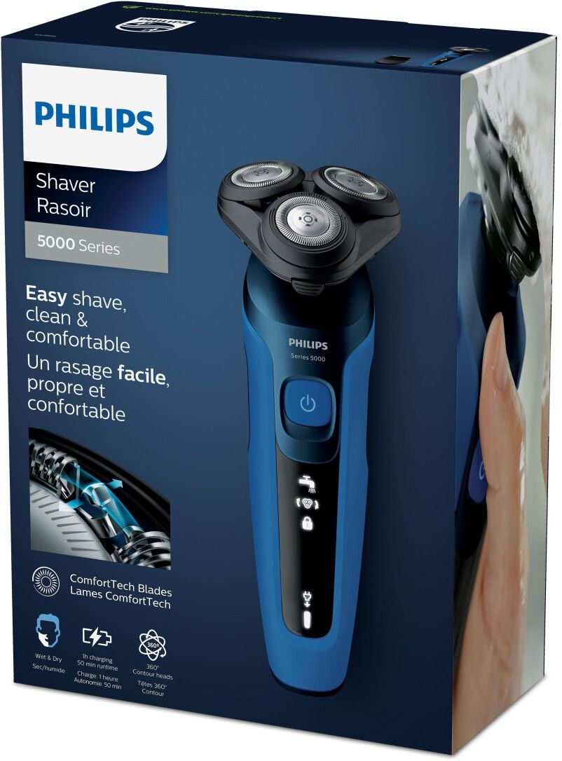 Elektrischer Rasierer Philips Series 5000 in Verpackung. Blaues Gehäuse, drei Scherköpfe. Text: Easy shave, clean & comfortable.