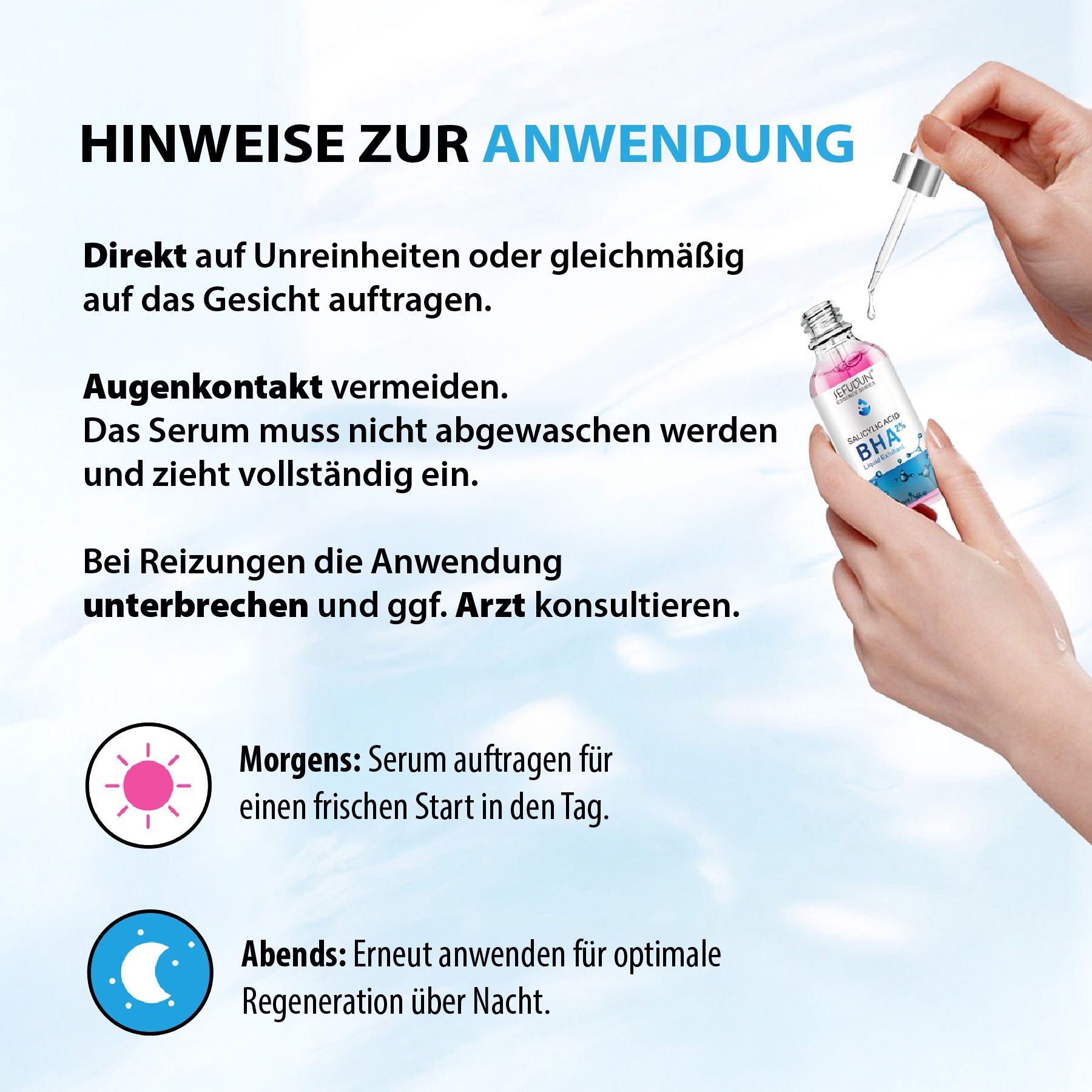 Serumflasche mit Pipette. Aufschrift: Salicylsäure BHA 2% Liquid Exfoliant. Text: Hinweise zur Anwendung. Anwendung morgens und abends.