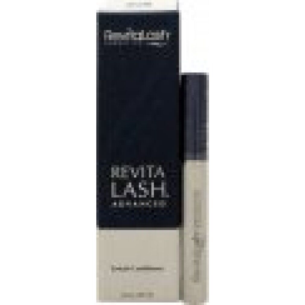 Dunkelblaue Verpackung und silberne Tube. Aufschrift: RevitaLash Advanced. Logo.